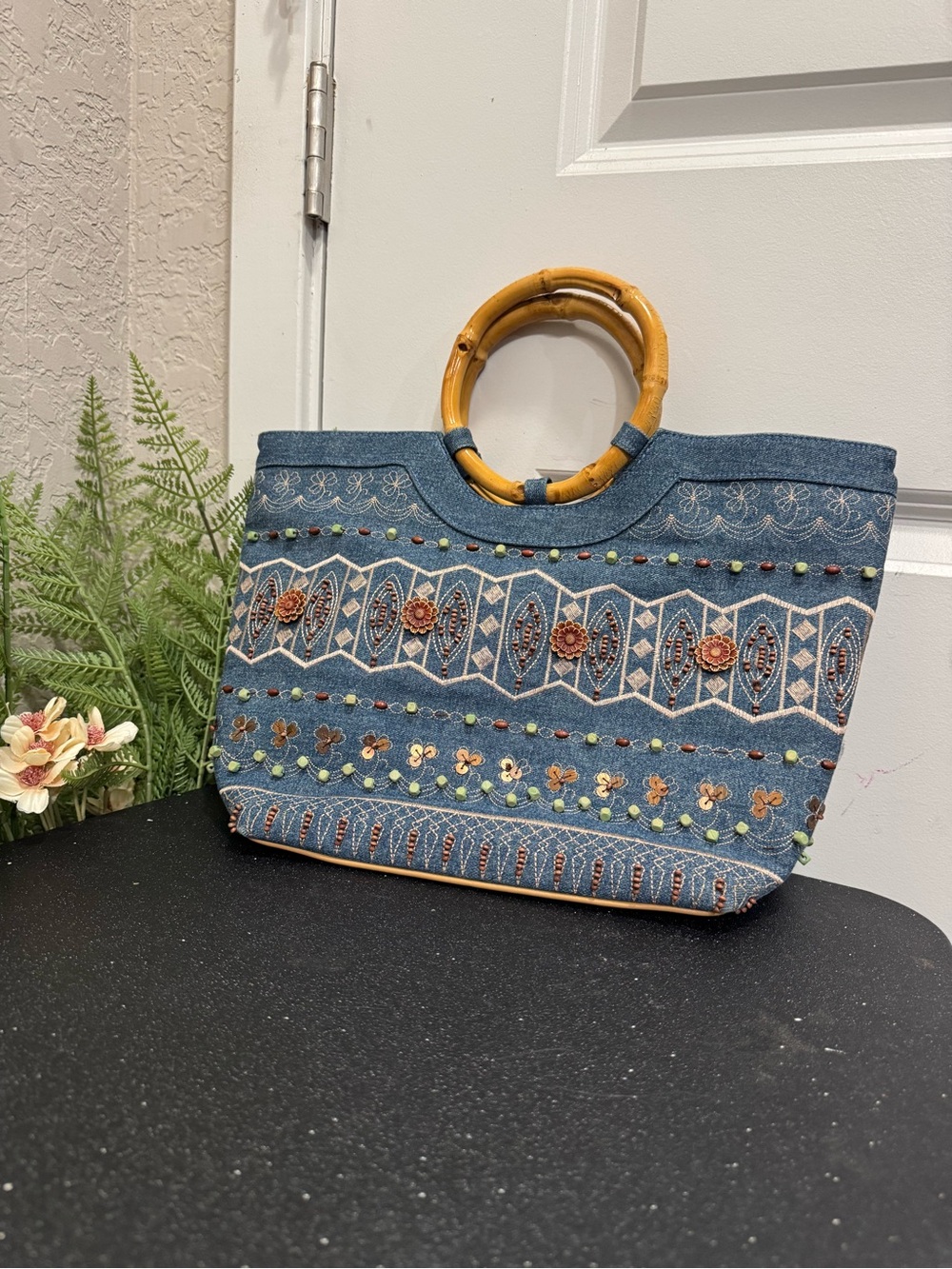 & Other Stories Embroidered Denim Tote with Bamboo Handles